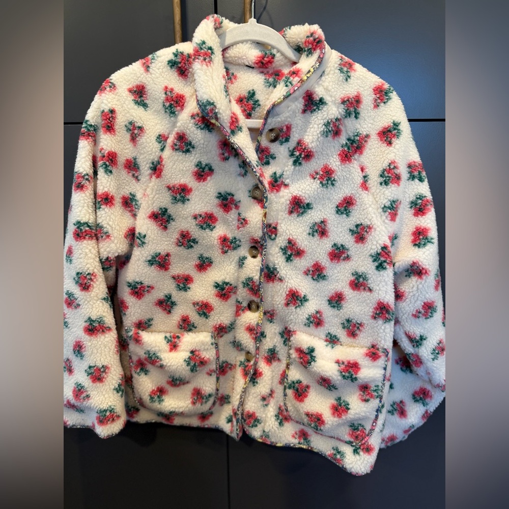 Floral Sherpa Teddy Jacket Cream Pink Green Button Front XS - Picture 2 of 4